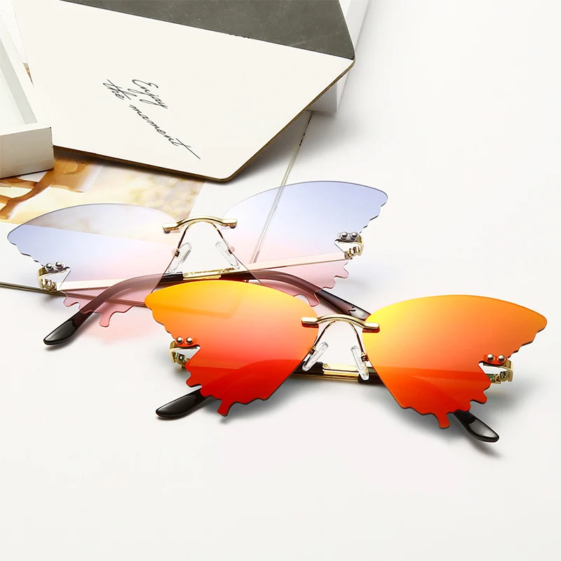 

Nxo1832 2021 Vintage Colorful Women Frameless Metal Shades Rimless Designer Butterfly Sun Glasses Sunglasses