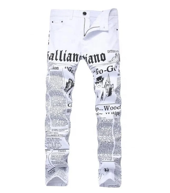 

JH Autumn Denim Pants Classic Newspaper Letter Printed Casual Slim Trousers Cowboys Young Man Fashion White jeans