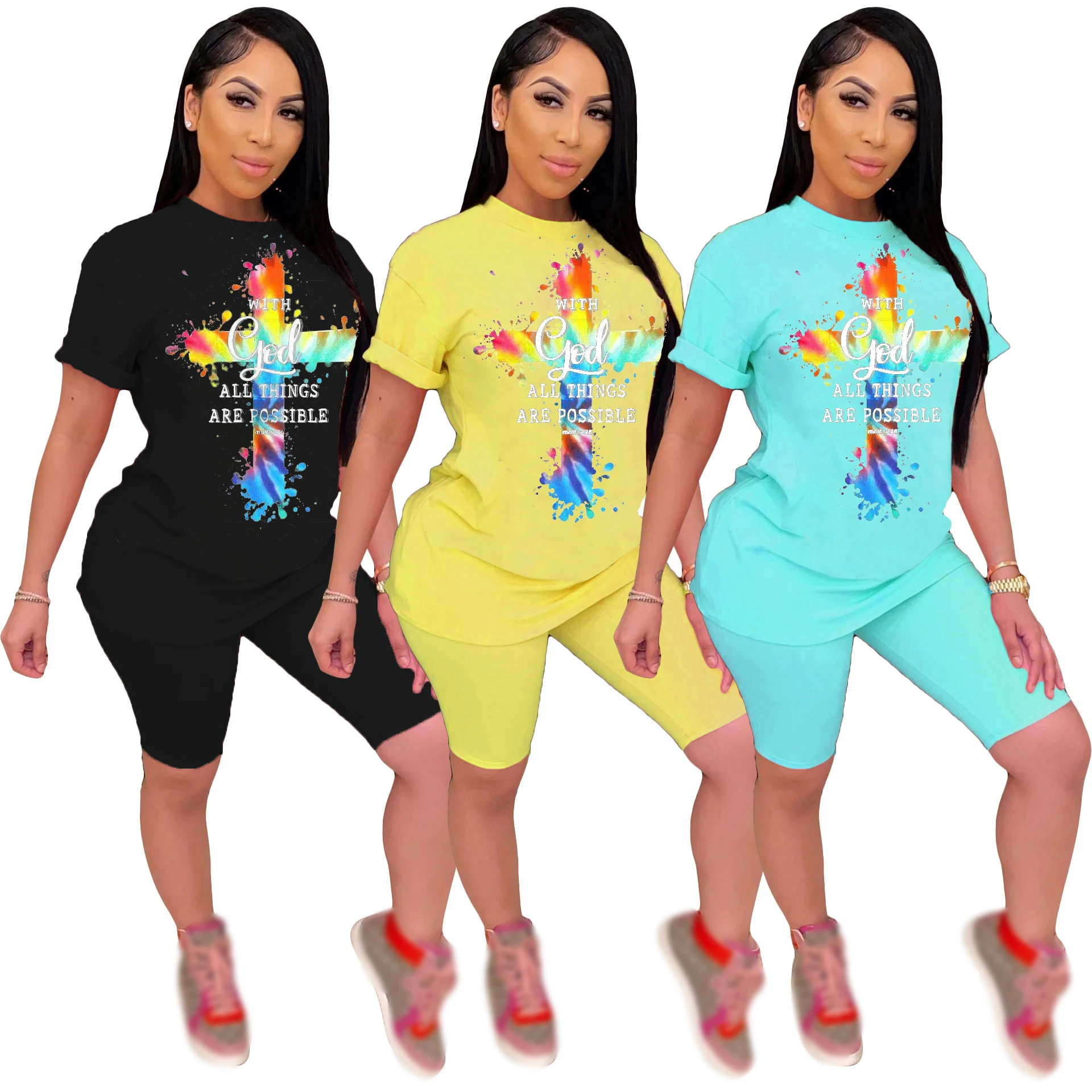 

Solid color fashion printed letters casual two piece pants set summer biker short set plus size women clothing