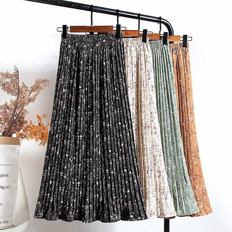 

Fashion new arrivals floral printed high waist pleated midi skirt chiffon skirt 2021, 4 colors