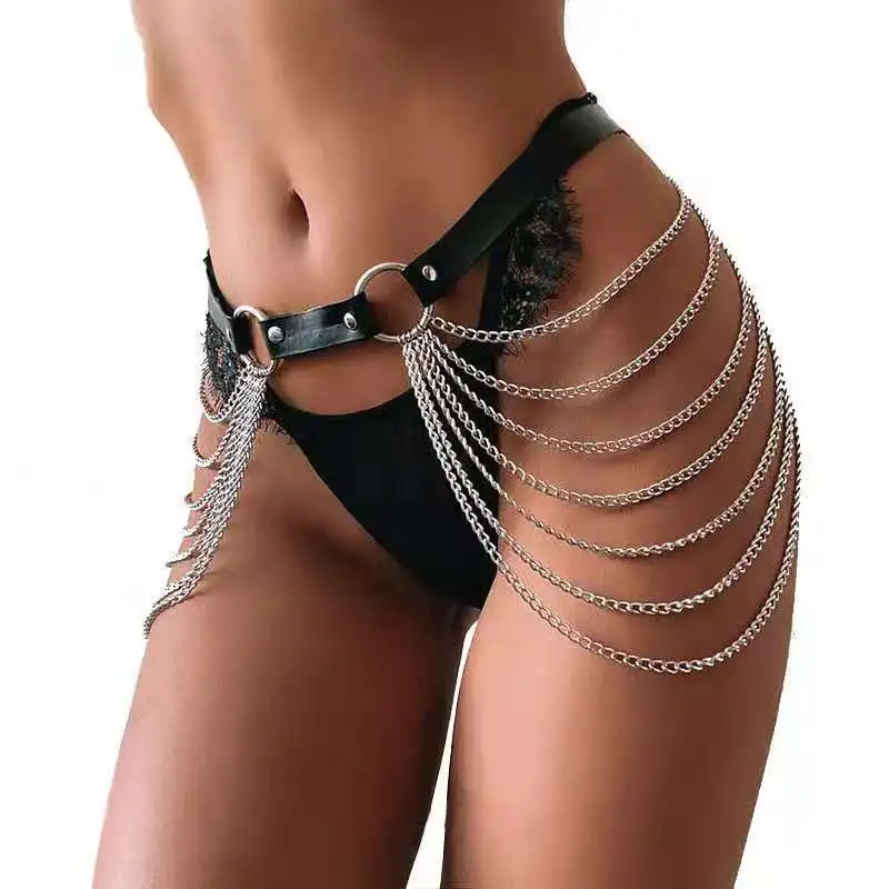 

2022 Hip-Hop Punk Black Leather Alloy Metal Layered Sexy Belly Jewelry Ladies Women Girls Body Waist Chains