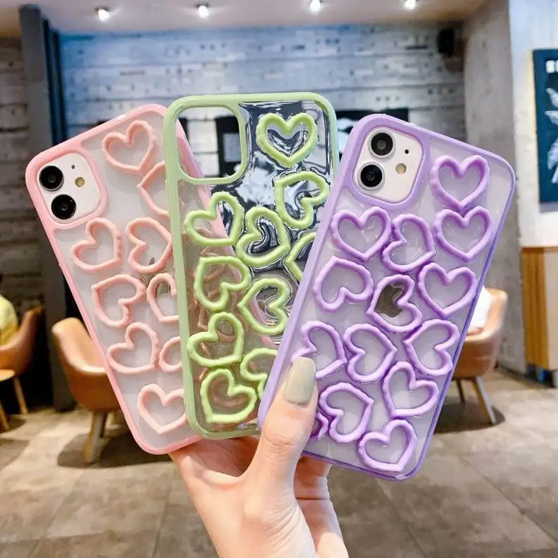 

wholesale fashion luxury rainbow color 3D heart-shaped women's shockproof epoxy mobile phone case for iphone 12 11 7 8 XR X, 5 colors