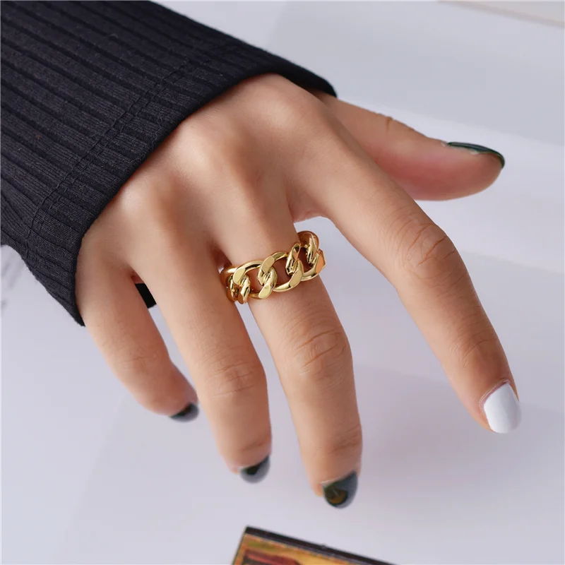 

Hot Sale Simple Design Chain Jewelry 18K Gold Plated Stainless Steel Adjustable Punk Street Style Neutral Initial Ring Women