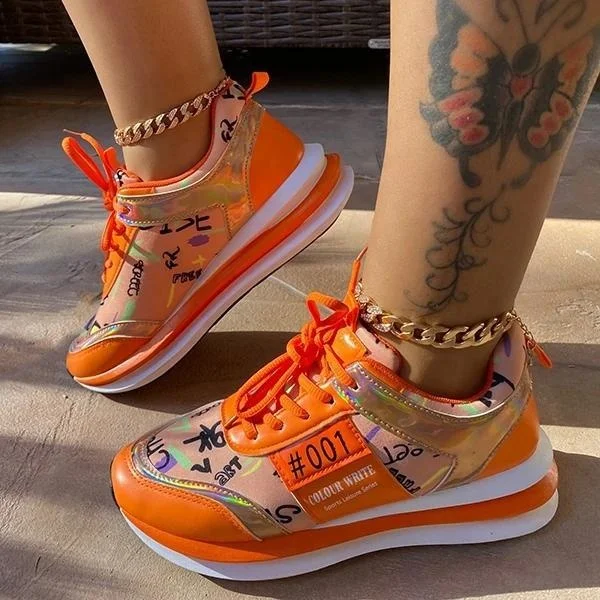 

2021 New Trendy Women Graffiti Letters Printed Stitching Orange Thick Bottom Sneakers Lace-up Platform Sports Shoes, Orange,yellow