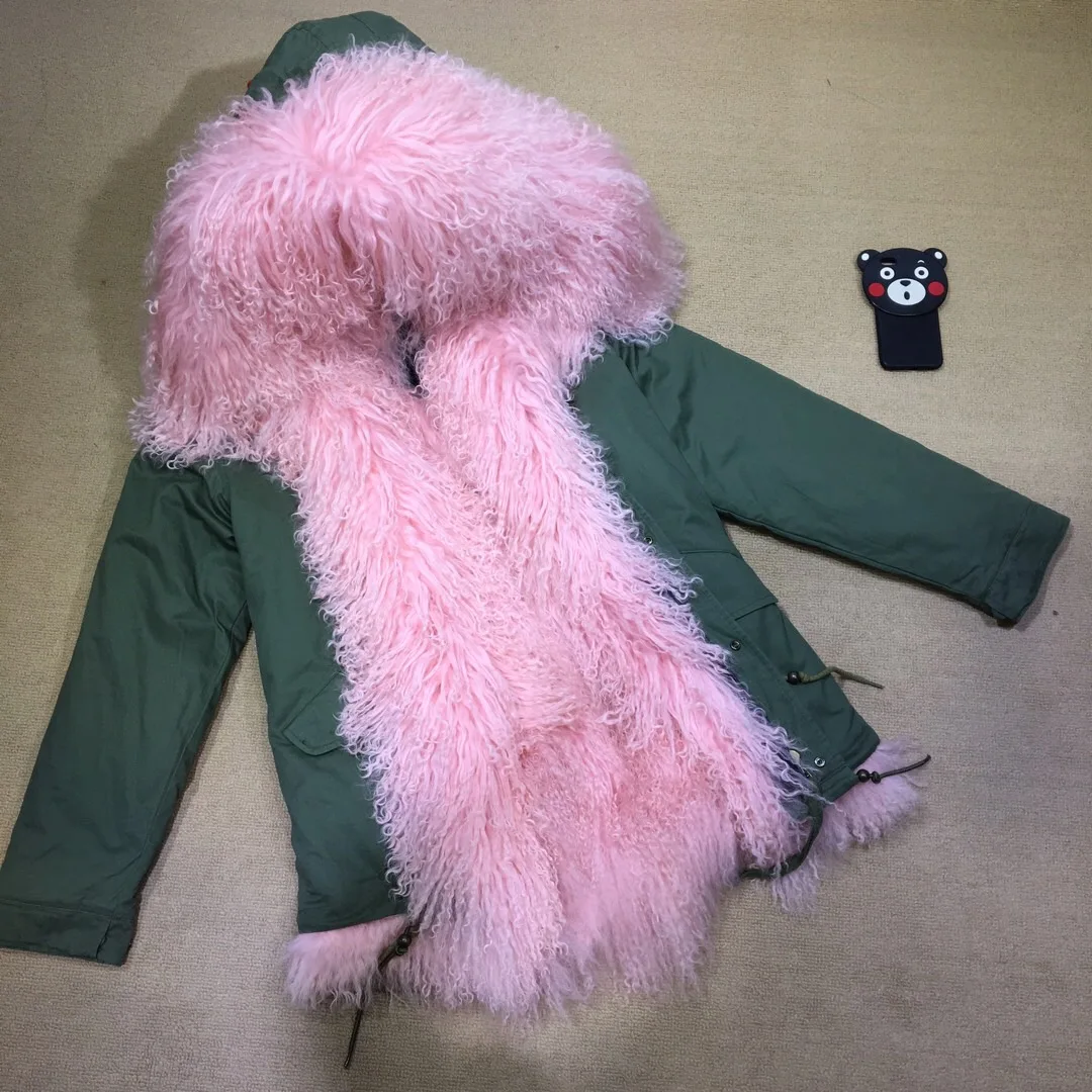 

Outwear Winter Tibet Lumb Fur Hooded Parka OEM Color Pretty Korean Style Lady Short Jacket Coat, Light green, pink, gray oem