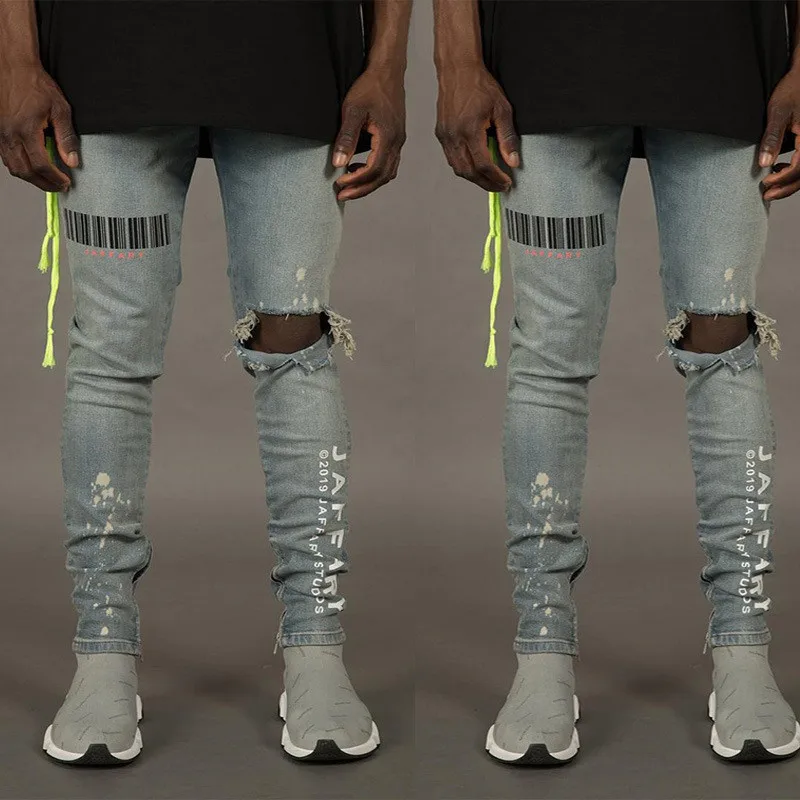 

men's casual denim pants male zipper washed Men's Painted Skinny Slim Fit Knee hole High Quality Pants, Customized color