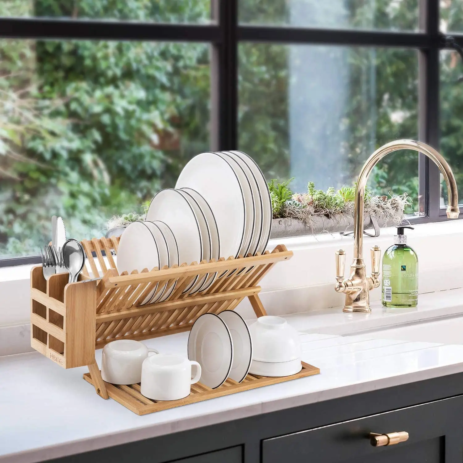 

Bamboo Dish Drying Rack with Utensils Flatware Holder Set Large Folding Drying Holder for Kitchen, Collapsible Drainer, Customized color or bamboo color