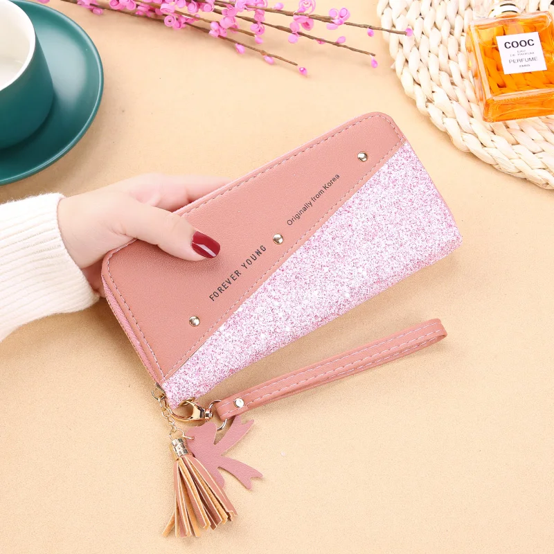 

Women's Zipper Wallet female student Korean splicing color contrast tassel versatile rivet mobile phone bag lady coin purse new