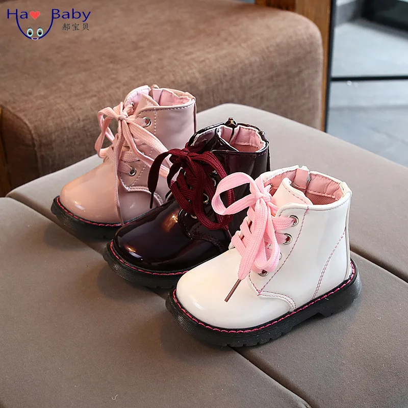 

Hao Baby British Style Girl Plus Velvet Waterproof Short Leather Martin Boots, White, burgundy, pink