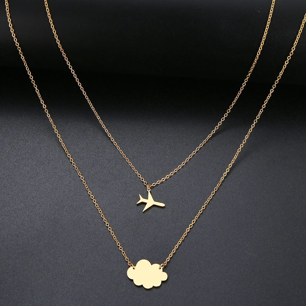 

New Simple Sequins Cloud Necklace Aircraft Stars Heart Pendant Multilayer Chain Necklaces For Women Gift Stainless Steel Jewelry, Silver,gold