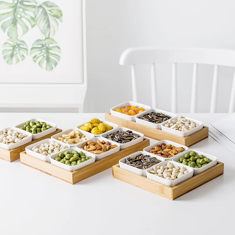 

High Quality Nordic ceramic candy box with dried fruit Home multifunctional fruit salad dressing divider Bamboo and Snack plate