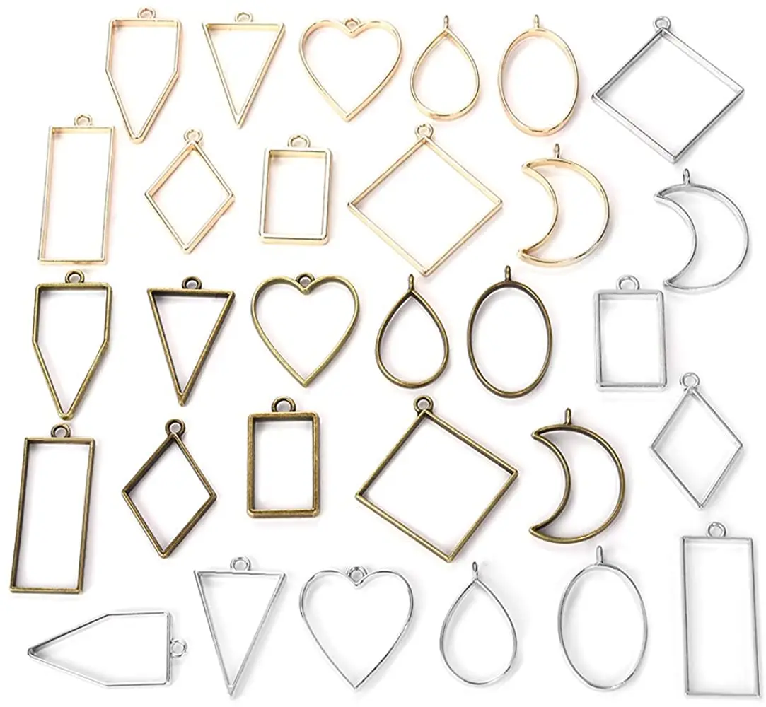 

Open Bezel Pendants Charms Resin Molds for Jewelry Findings DIY Pressed Flower Frame Assorted Geometric Hollow Trays 30pcs, Gold and silver