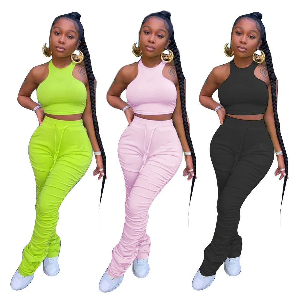 

Trending products 2021 new arrivals Sexy Stacked Pant Draped Solid 2 Pcs Track Suit Outfits Two Piece Set Women Clothing