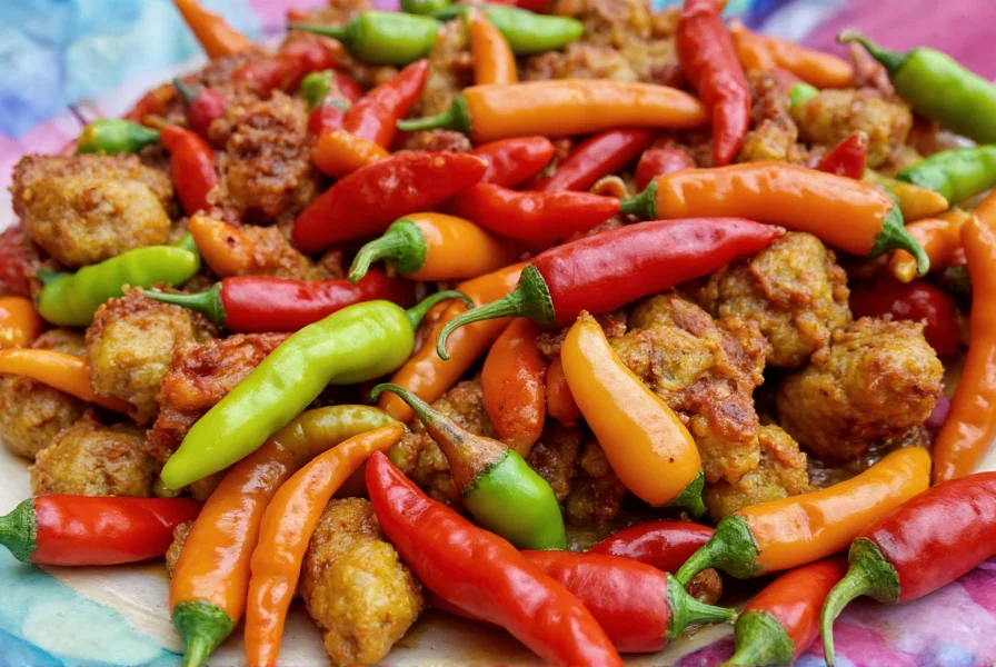 Colorful plate of dishes featuring chili peppers in various culinary preparations