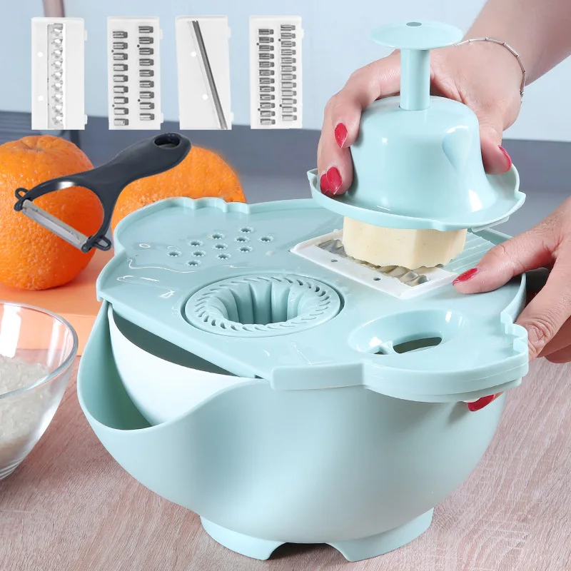 

11 In 1 Multifunction Vegetable Cutter With Drain Basket Magic Rotate Vegetable Slicer Portable Chopper Grater Kitchen Supplies, Blue