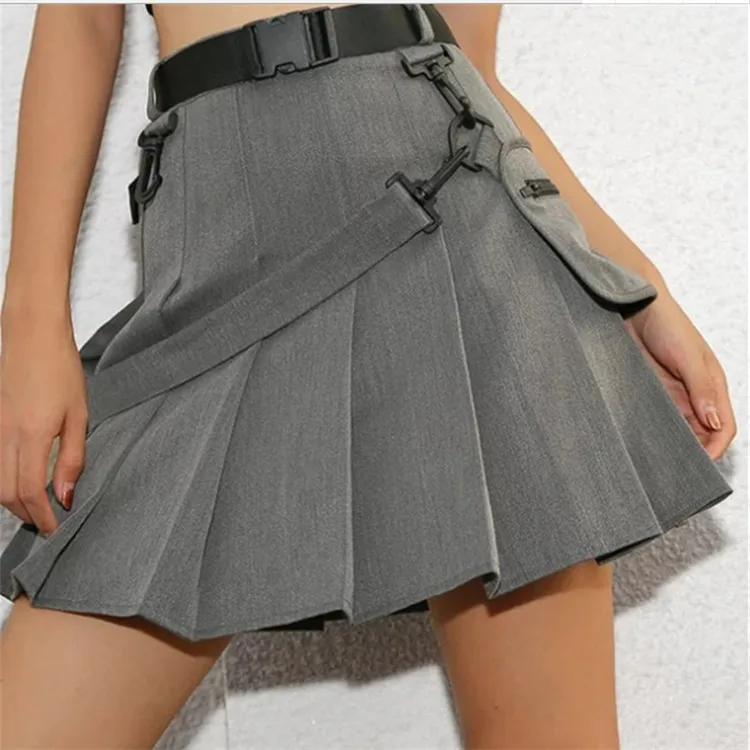 

Wholesale girl high waist A-line pleated skirt preppy decorative belt slim skirt anti-light lining available from y2k, Black white gray