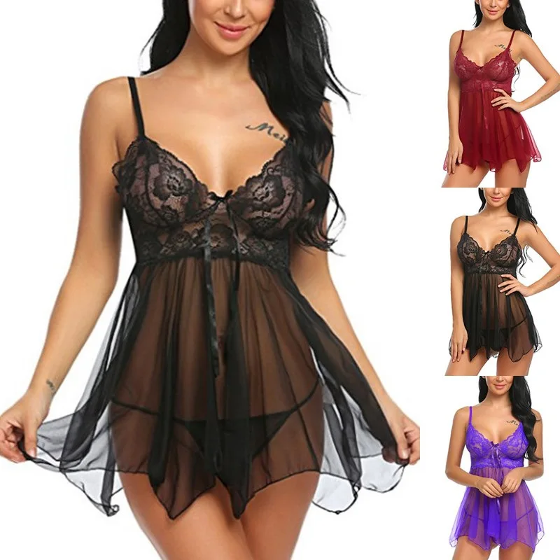 

Women Erotic Lingerie Plus Size Babydoll Lace Nightgown Mesh Sexy Nighties for Honeymoon, Picture color