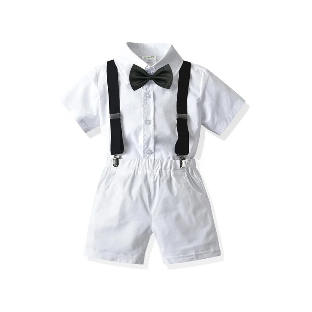 

Boys Gentleman Clothing Set Formal Short Sleeve Shirts With Bowtie Strap Shorts Casual Suits, As picture