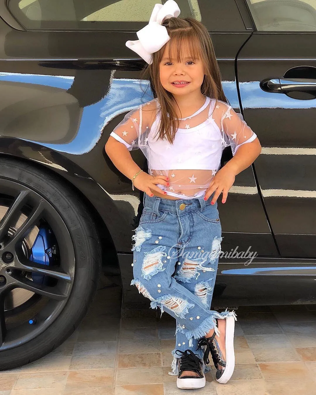 

Girl +Jeans Tank Tops Star Mesh T-shirt Ripped Jeans Denim Pant Outfits Fashion Clothing 3PCS Set Kids Girls Summer Clothes