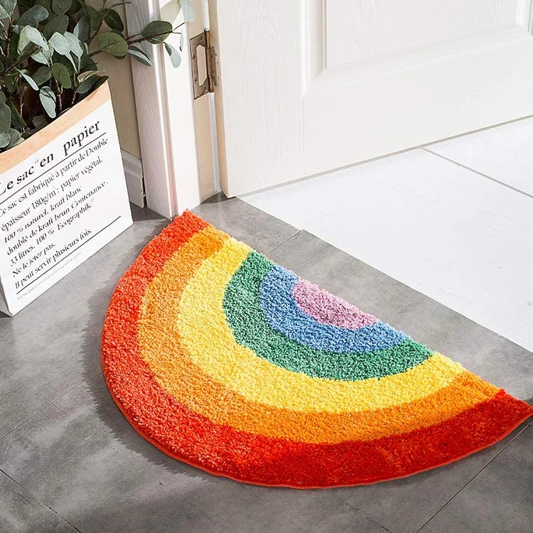 

Small Moq custom shape washable polyester funny anti slip rainbow bath mat