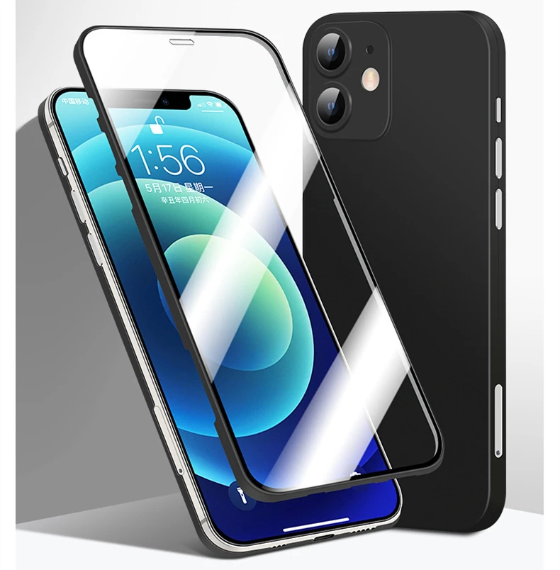 

2IN1 4 sides full wrap silicone tpu with front tempered glass one-piece design phone case for apple iphone 12 wholesale
