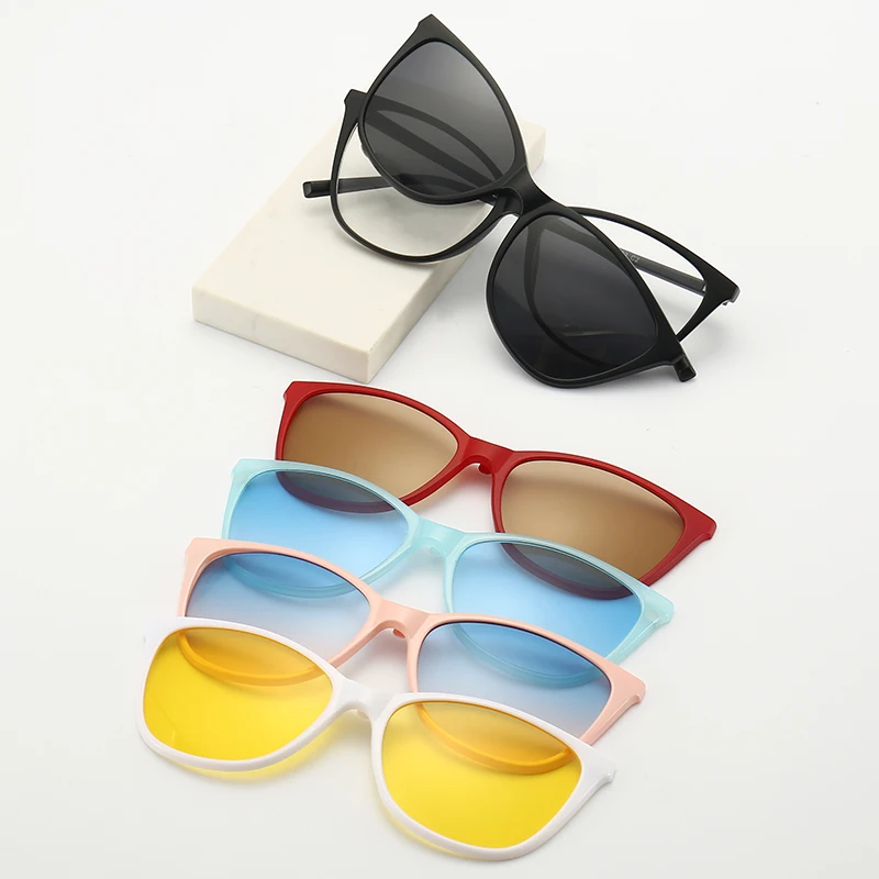 

DL Glasses trendy cat eye shape magnetic eyewear 5 in 1 Clip-on polarized women men colorful Sunglasses 2022