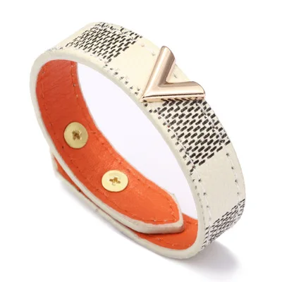 

Gold Metal V Women Adjustable Button Leather Bracelet, Blue and brown and white