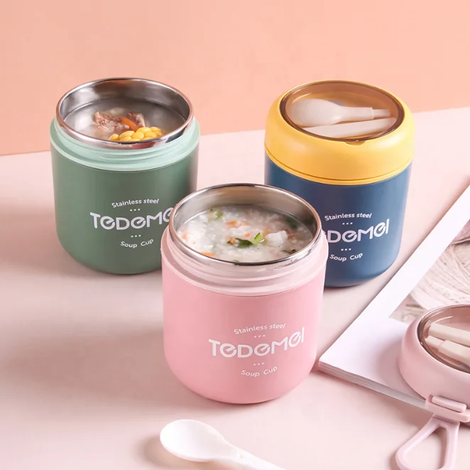 

Office Student Apply Portable Round All Stainless Steel 304 Vacuum Insulated Lunch Box Soup Cup, Pink & green & blue