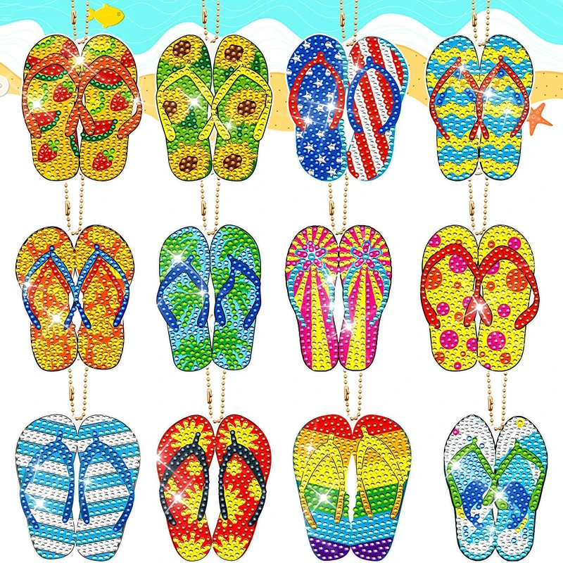 

New Design 12-piece Diamond Painting Keychains Beach Slippers Pattern Diy Handicrafts Keychain Pendant Decorations