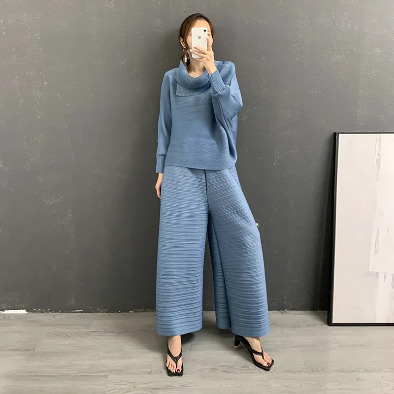

FXZ 2021 new designlapel top horizontal pleated wide leg pants 2 pieces suits loose large size Miyake pleated women suit, Customized color
