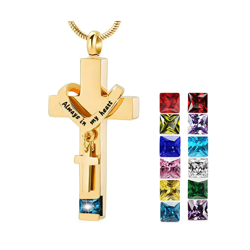 

Casket Stainless Steel Cross Birthday Stone Bone Ashes Urn Cremation Memory Keepsakes Necklace