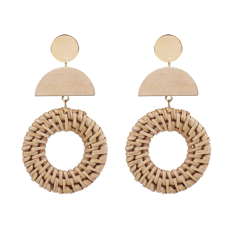 

Fashion double round hoop rattan plaited earrings wooden handmade earrings for seaside holiday lady, As picture