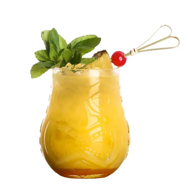 

Machine Made Grimace Short Unique Engraved Tiki Cocktail Glass, Clear