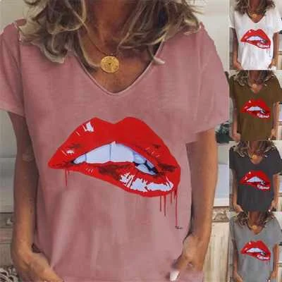 

Summer New Style Ladies Casual V-neck Solid Color Printing Short-sleeved Top T-shirt