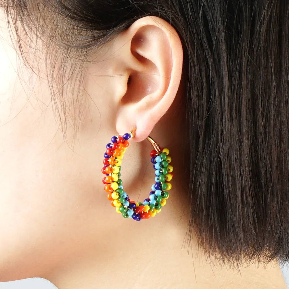 

Wholesale Fashion style customizable women colorful rice beads boho earring jewelry rainbow bohemian big hoop earrings