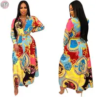 

9091022 design fashion long sleeve button A-line women ladies casual maxi printed shirt dresses