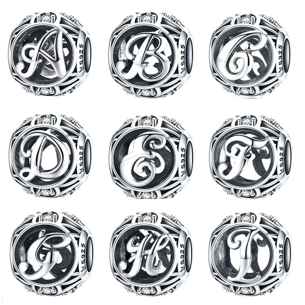 Fine Jewelry 925 Sterling Silver Bead for Bracelet Necklace Accessories 26 Initial Silver Letter Charms A-z Alphabet Charms