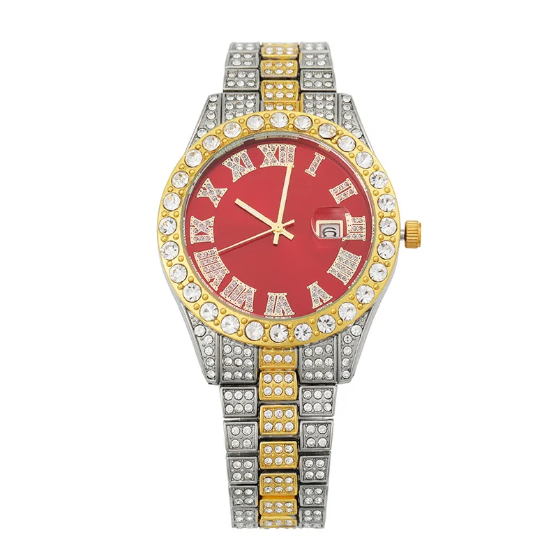 

Hot Sale Full Diamond Roman Digital Calendar Watch Men's Tide Hip-hop Wind Men's Watch Set Rhinestone Watch Wholesale