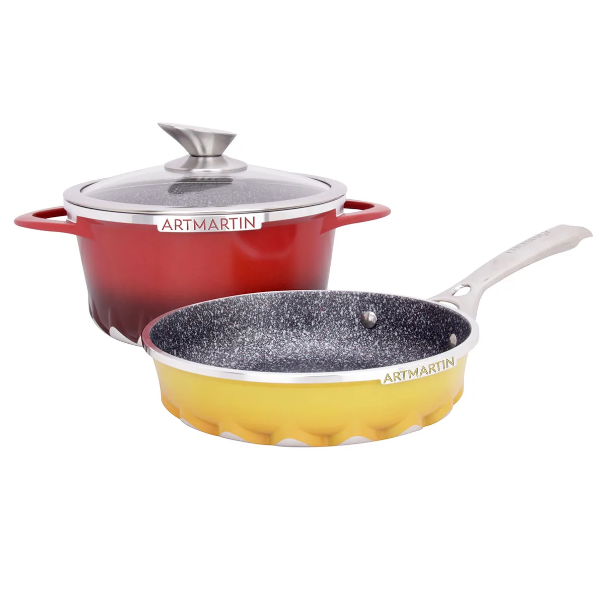 

Amercook European warehouse Hot Sell Aluminium Non Stick Cookware Set 2 Pcs Casseroles Set wajan dari marble, Yellow/ red