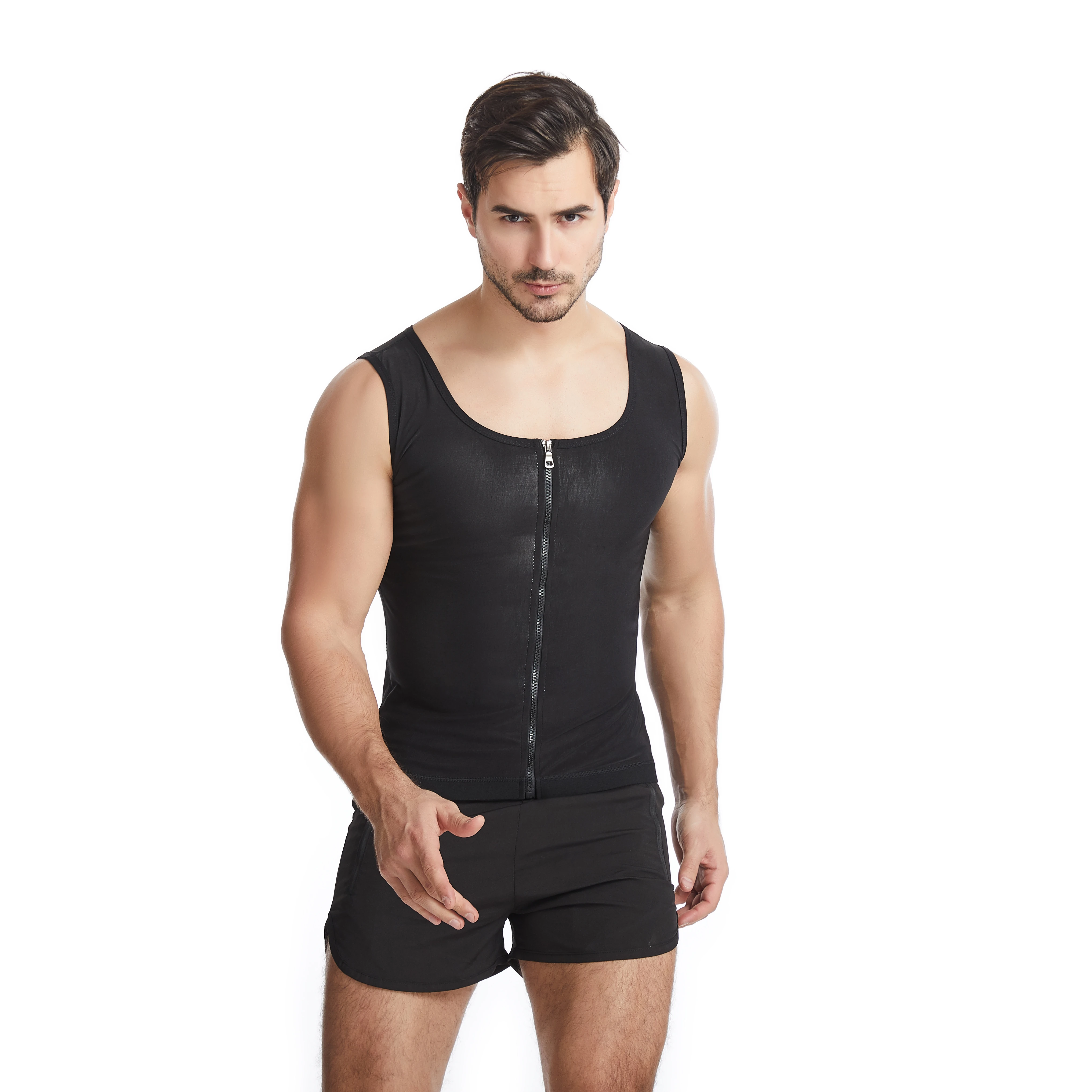 

Men Sweat Sauna Body Shapers Zip Vest Silver Coating Waist Trainer Slimming Vest Shapewear Effect Fat Burning Tank Tops, Black