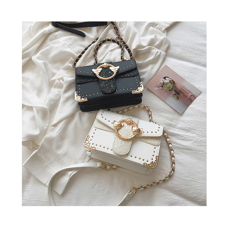 

Luxury Metal Buckle Sequined Crossbody Bag for Women 2021 New Fashion Rivet Shoulder Chain Bags Lady Purses Branded Handbags