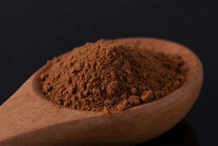 Close-up of ground clove spice in a wooden spoon against dark background showing fine brown powder texture