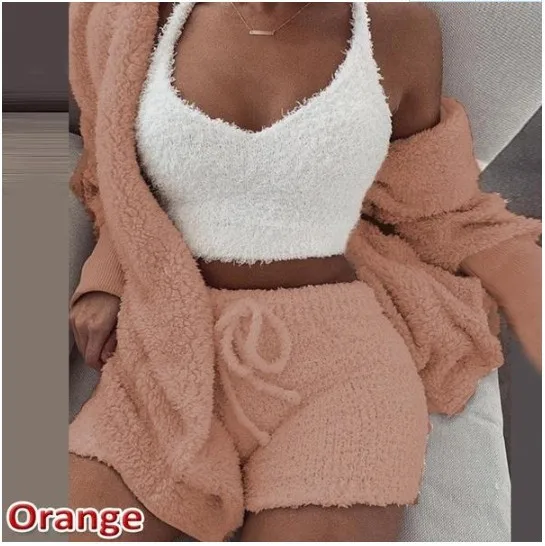 

wholesale ladies plush 3 piece tracksuit set casual pajamas long sleeve cardigan vest short pant women party sweater set, As picture