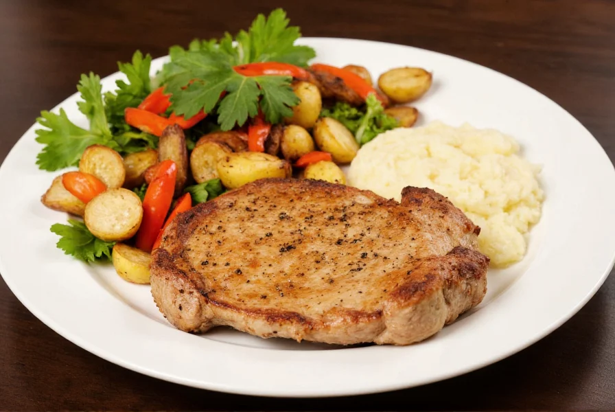 Plated salted pepper pork chop with roasted vegetables and creamy mashed potatoes