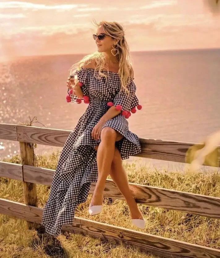 

Front Short Back Long Grid Women Dresses Off Shoulder Grid Women Dresses