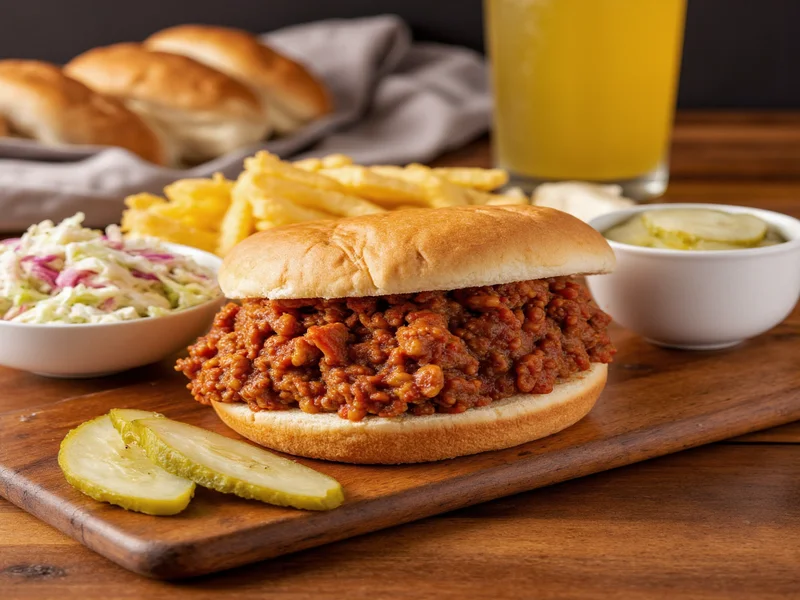 Homemade sloppy joe meal with coleslaw and dill pickles on wooden table
