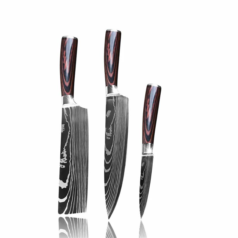 

3 Pcs Damascus pattern 7Cr17mov carbon Steel Kitchen chef knife set with wood handle, Silver