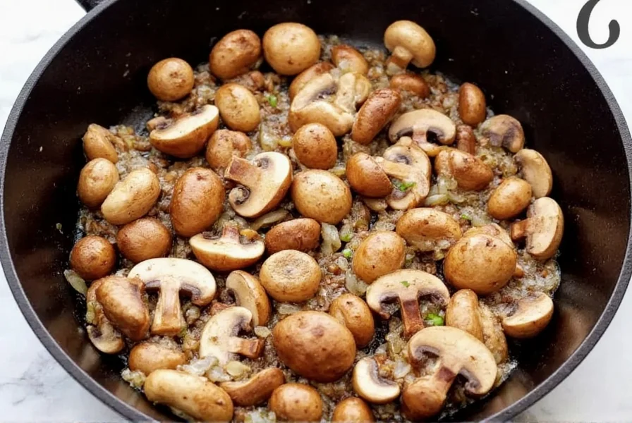 Mushroom chili recipe step showing properly browned mushrooms in cast iron skillet with onions and spices