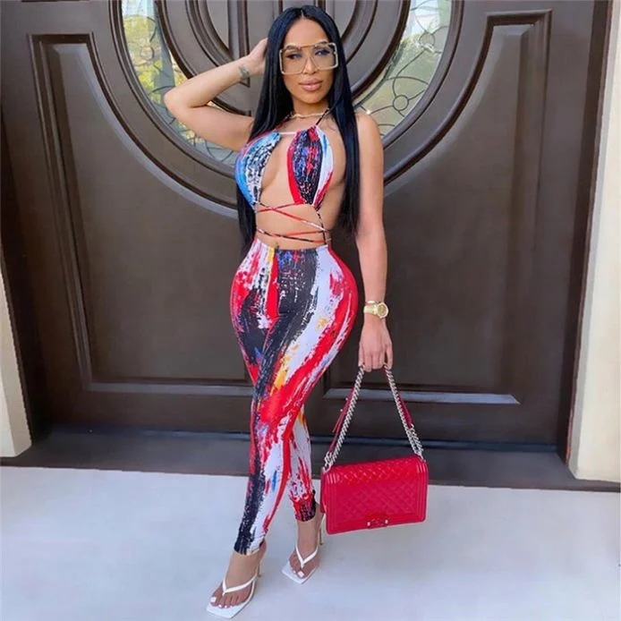 

GE8073-Wholesale Clothing Sexy Color Printed Bandage Hollow Out One Piece Casual Women Jumpsuit 2021