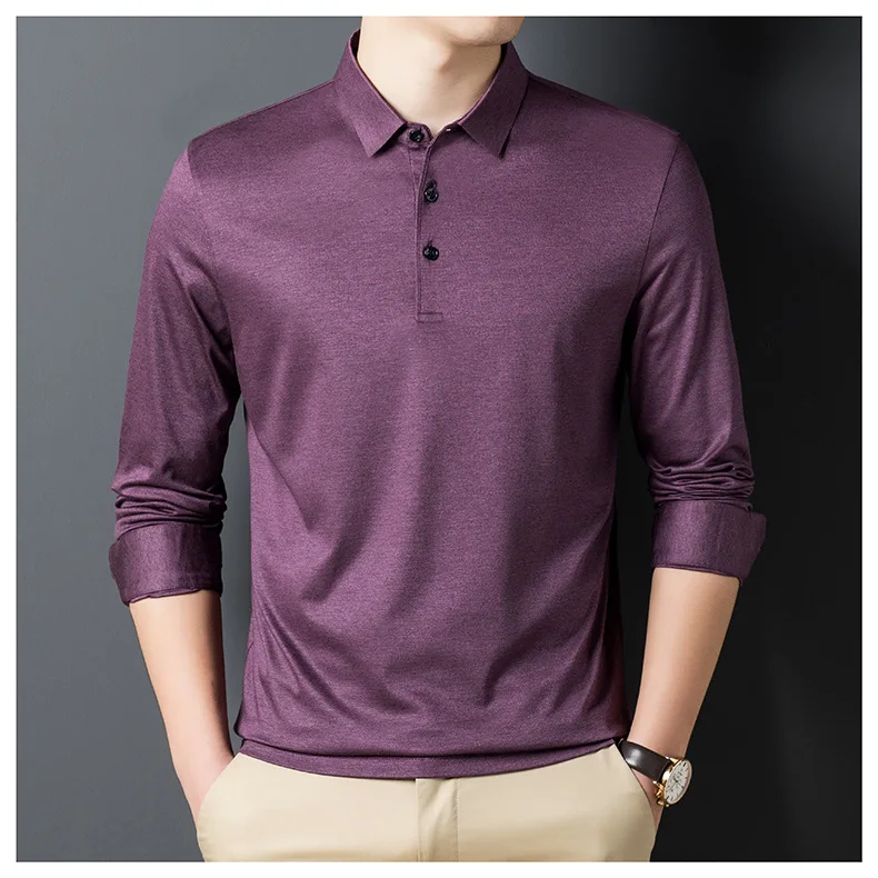 

top quality solid color drop shipping men long sleeves silk polo shirt